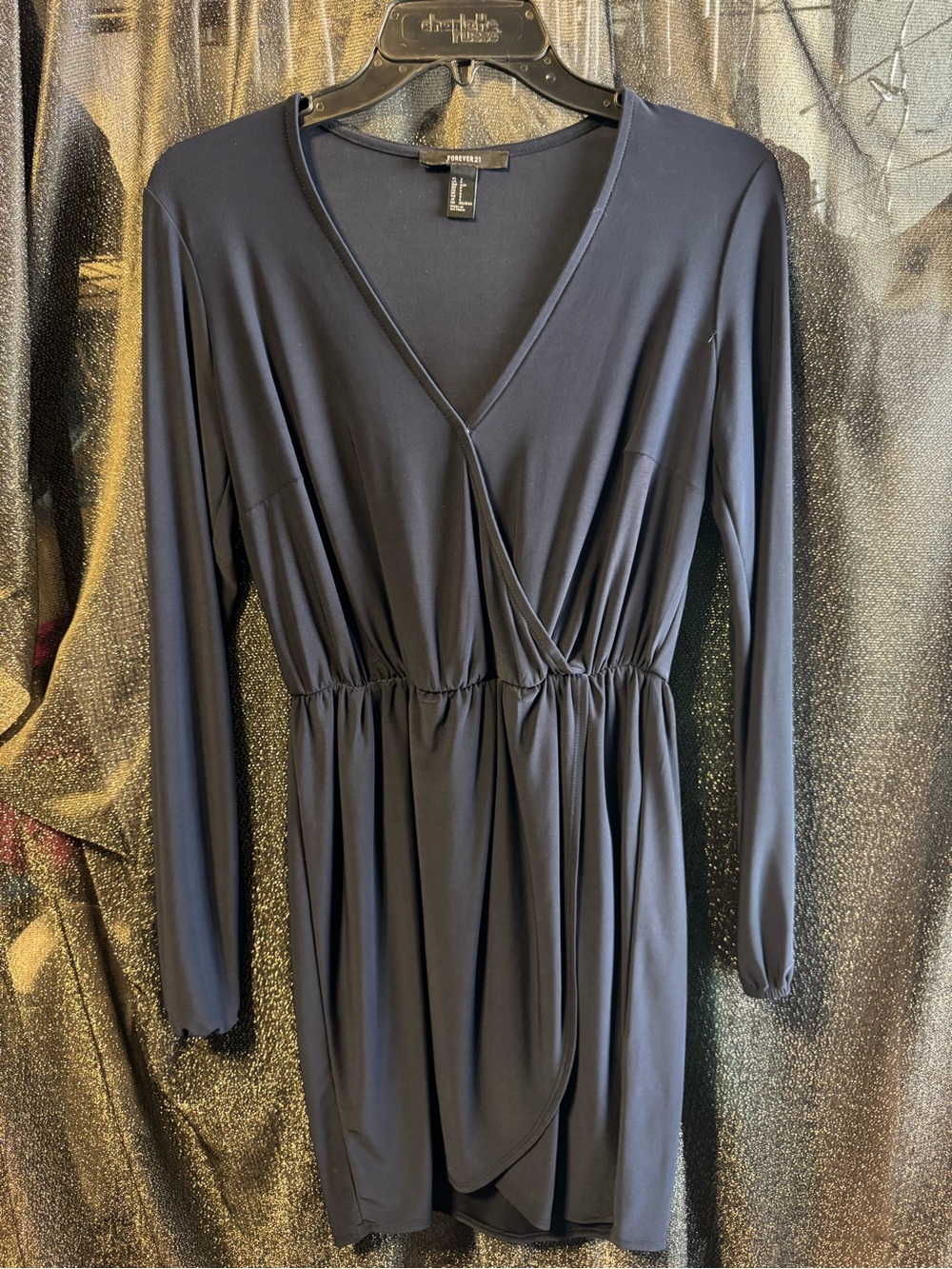 Forever 21 Navy Long-Sleeve Faux-Wrap Dress